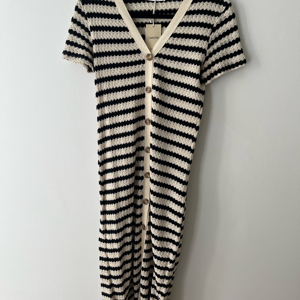 Mango Striped Black and Cream Button-Up Dress
